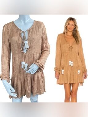Revolve Sundress Neo Mini Dress Tan Gold Sequin Boho Size XS/S